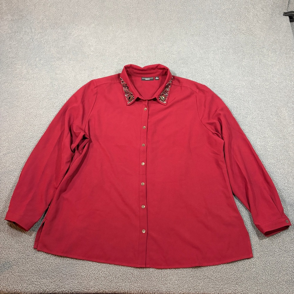 Susan Graver Button Up Women XL Red Artisan A281176 Embellished Collar Stretch
